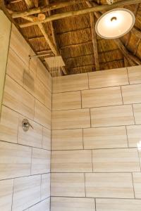 La salle de bains est pourvue d'une douche et d'un plafond en bois. dans l'établissement Panzi Lodge, à Guernsey Nature Reserve