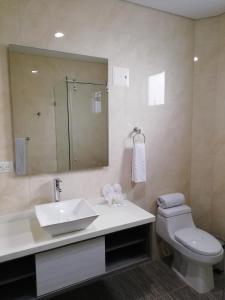 a bathroom with a sink and a toilet and a mirror at Hotel Altamar Cartagena in Cartagena de Indias