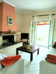 a living room with a couch and a fireplace at Lonelia's Family Homes in Lefkímmi