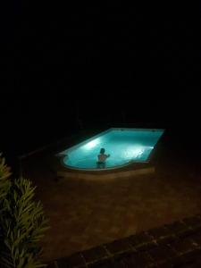Cossignano的住宿－坎帕納旅館，夜间在游泳池里的人