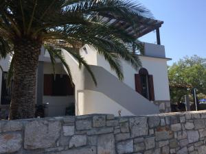 a house with a palm tree next to a stone wall at PRST 1 in Ugljan