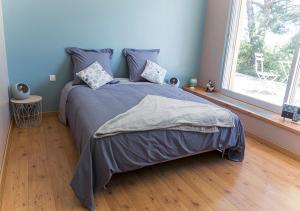 a bedroom with a bed with blue walls and a window at Au Coeur des Vignes en Provence in Châteauneuf-de-Gadagne +11 photos