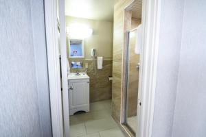 La salle de bains est pourvue d'un lavabo et d'une douche. dans l'établissement Belcaro Motel, à Denver