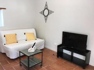 a living room with a white couch and a tv at gite le cabanon in Réauville