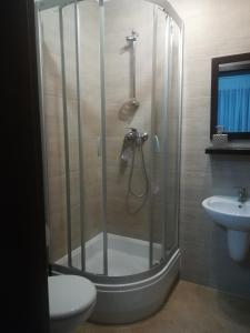 uma casa de banho com um chuveiro, um WC e um lavatório. em Rubin em Mrzeżyno
