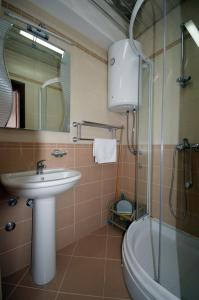 a bathroom with a sink and a shower at Topencarov Guest House in Ohrid