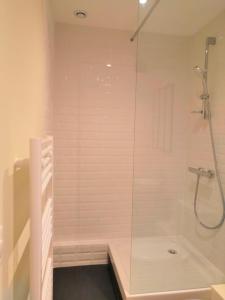 een badkamer met een douche en een glazen deur bij Studio Design Paraisos in Lyon