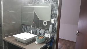 バラトンフレドにあるSunrise Apartmanházのバスルーム(洗面台、鏡付)