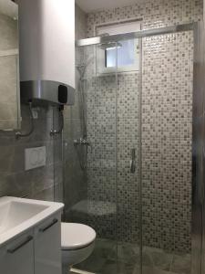 een badkamer met een douche, een toilet en een wastafel bij Apartments Sunny Hvar - with pool; in Basina