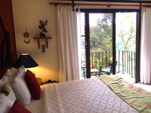 a bedroom with a bed with a view of a balcony at Lucky Bug Bed And Breakfast in Nuevo Arenal