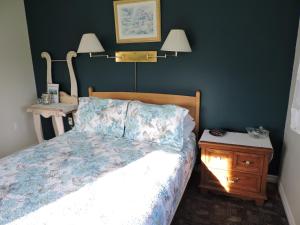 1 dormitorio con 1 cama y mesita de noche con lámpara en Auld Farm Inn B&B en Baddeck