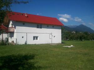 a white barn with a red roof in a field at Pensiunea Ilaria in Bran