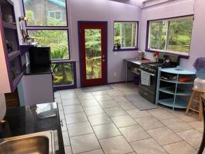 a kitchen with purple walls and a red door at Ixchel Hawaii Volcano in Volcano