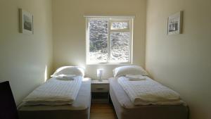 two twin beds in a room with a window at Thorbrandsstadir Farm Holidays in Þorbrandsstaðir
