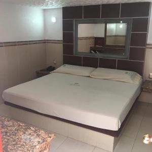 - une chambre avec un grand lit et un miroir dans l'établissement Hotel & suites elba, à Toluca