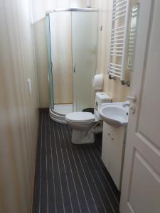 a bathroom with a shower and a toilet and sink at Come to Vilnius hostel Self check in in Vilnius