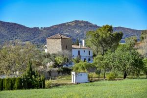 ein Haus auf einem Feld mit Bergen im Hintergrund in der Unterkunft Casa Rural La Torre in Ronda