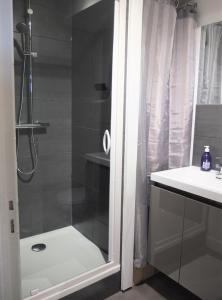 uma casa de banho com um chuveiro e um lavatório. em Studio tout équipé - 300m gare - 005 em Rouen