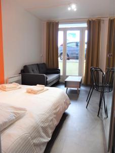 um quarto com uma cama e uma sala de estar com um sofá em Studio tout équipé - 300m gare - 005 em Rouen