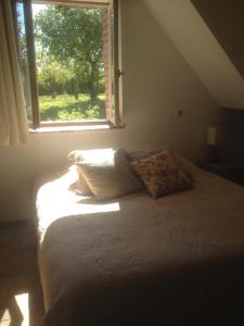 una cama en un dormitorio con ventana en Hôte Sainte Marie, en Ouchamps