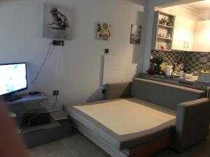 ein Wohnzimmer mit einem Sofa und einem TV in der Unterkunft Apartment Kanarian 1A in Loutraki