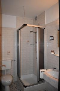 uma casa de banho com um chuveiro, um WC e um lavatório. em Pension Haus am Waldesrand em Schieder-Schwalenberg