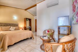 a room with a bed, chair, table and tv at Cabinas Yucca in Puerto Viejo