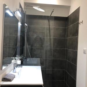 
a bathroom with a shower, sink, and mirror at Bordeaux Village Blaye in Blaye
