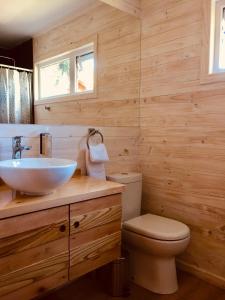 a wooden bathroom with a sink and a toilet at Amukan Lodge in Panguipulli
