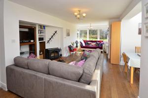 a living room with a gray couch and a table at Cottage 139 - Clifden in Clifden