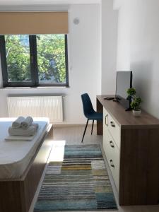 een slaapkamer met een bed, een bureau en een stoel bij Lira Holiday Apartments in Eforie Nord