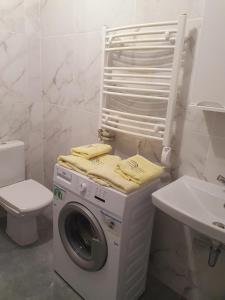 El baño incluye lavadora, aseo y lavamanos. en VIP apartment in the centre, en Uzhhorod