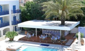 a villa with a palm tree and a swimming pool at Danae Hotel in Egina
