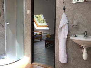 ein Badezimmer mit Waschbecken, Toilette und Spiegel in der Unterkunft Statek u Potoka in Vimperk