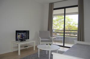 a living room with a couch and a tv and a table at Apartamentos Turísticos Vitoria by Petit Hotels in Funchal
