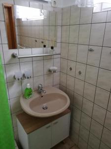 een badkamer met een wastafel en een spiegel bij FeWo Inselzeit in Ueckeritz