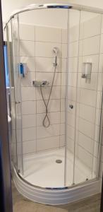 a shower with a glass enclosure in a bathroom at The Gusto apartmán in Chomutov +56 photos