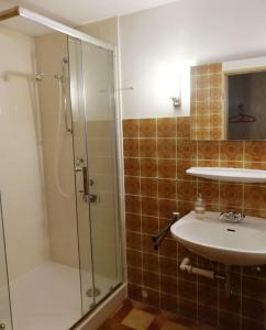 a bathroom with a glass shower and a sink at Ferienwohnung Harms in Hitzacker