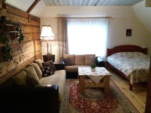 a living room with a couch and a bed at Mulgi Apartment in Viljandi