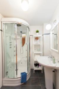 ein Bad mit einer Dusche und einem Waschbecken in der Unterkunft Celia in Roa