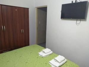 a bedroom with a green bed with a flat screen tv at APART SUR II in Termas de Río Hondo