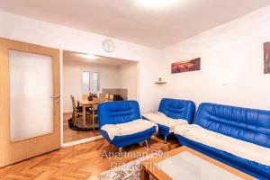 sala de estar con sillas azules y mesa en Apartman Eva Rogotin, en Rogotin