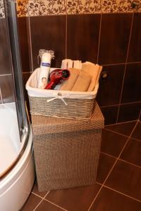 un panier avec des articles de toilette dans une salle de bain à côté des toilettes dans l'établissement Apartman DORA, à Trebinje 28 autres photos