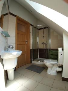 a bathroom with a sink and a toilet and a shower at Willa Nauta in Dębki +24 photos