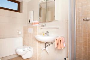 ein Badezimmer mit Waschbecken, Toilette und Spiegel in der Unterkunft Haus Alexandra inkl MeineCard Plus in Willingen + 32 Fotos
