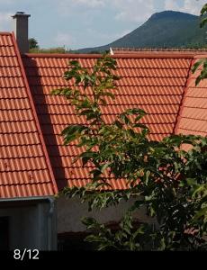 um telhado laranja de uma casa com uma árvore em Gabe's Nest em Üröm