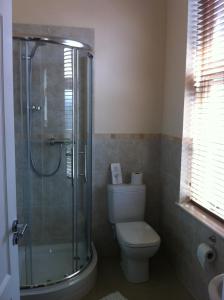 a bathroom with a toilet and a glass shower at Ashbank Bed & Breakfast in Drymen
