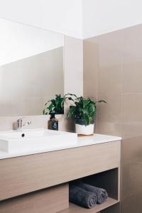 a bathroom with a sink and two plants on a counter at Naughtons Hotel in Melbourne