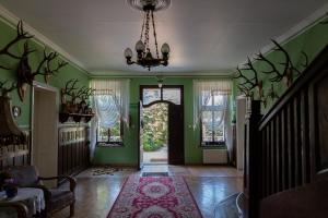 a living room with green walls and a chandelier at Pałac Pozorty in Bądki