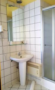 bagno con lavandino e specchio di Dyke Hotel a Le Puy en Velay